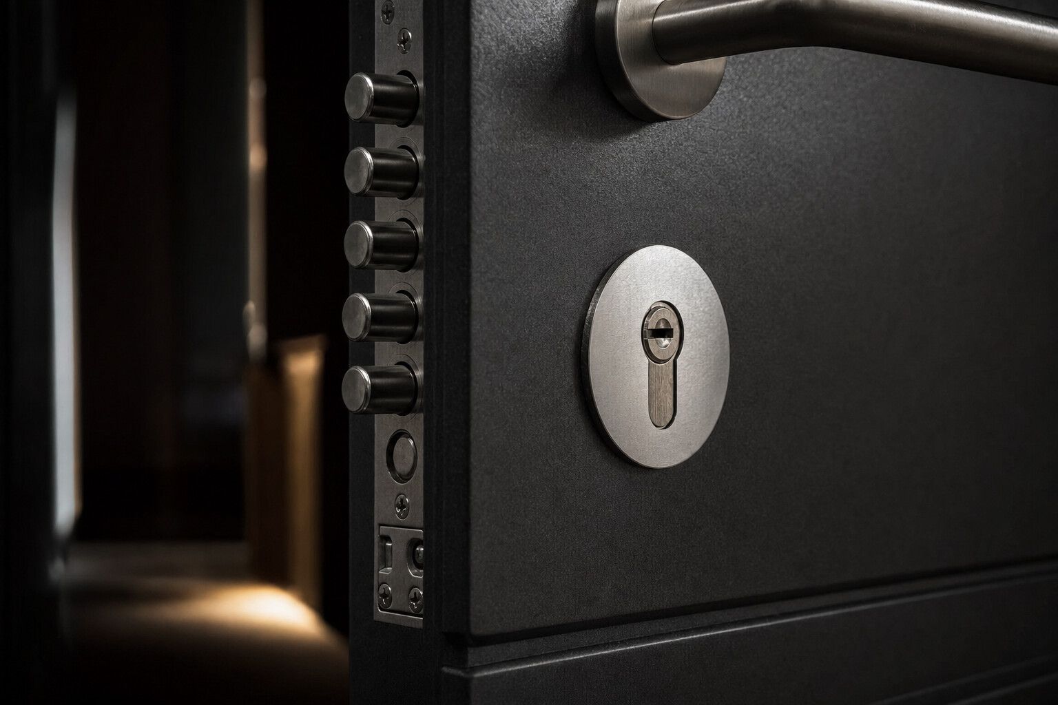Porte blindée anthracite avec serrure multipoints et protège-cylindre