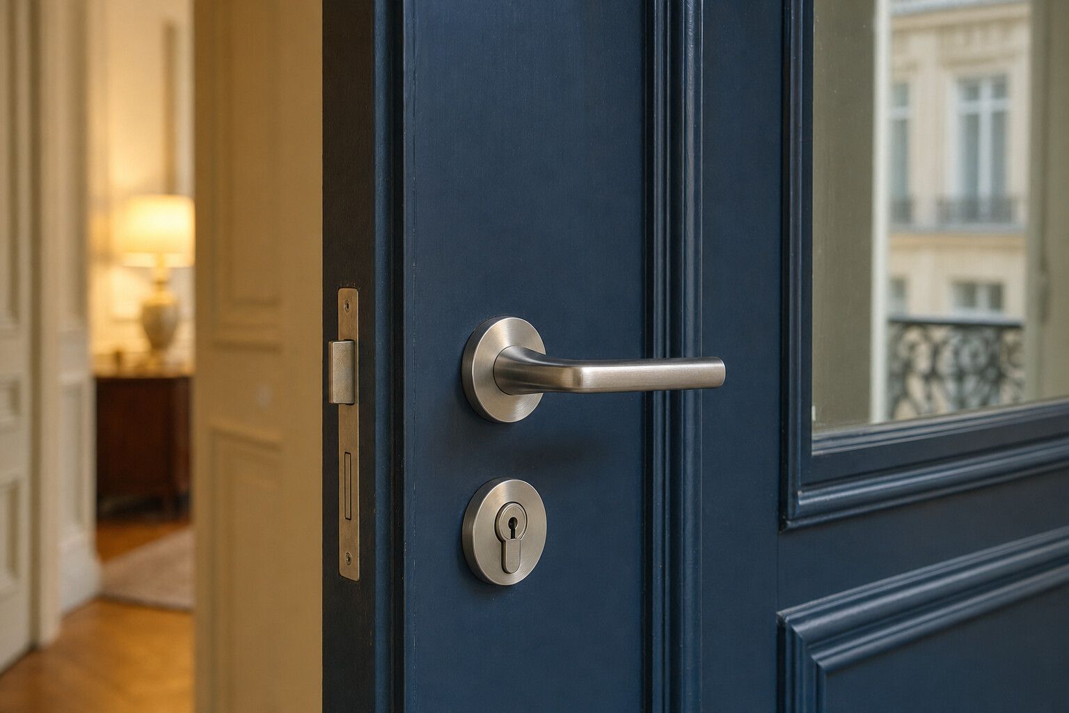 Porte d’entrée bleu marine avec poignée et cylindre de sécurité, dans un immeuble parisien